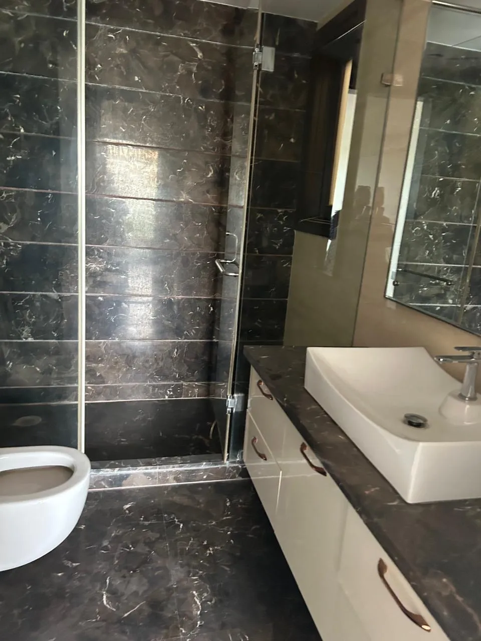 Bathroom finished in dark marble with a glass shower enclosure